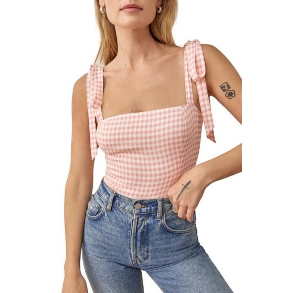 Reformation Ellora Tie Strap Square Neck Fitted Tank Top In Blush Check Size 0